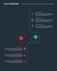 pills and medicine infographic process diagram with vertical tall comparison opposite block with dark background bright outline style 6 points