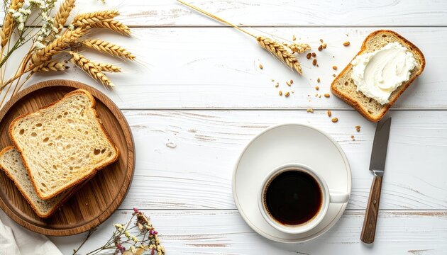Overhead shot of bread slices, coffee, and wheat stalks on a white wood surface, creating a cozy and rustic food still life scene