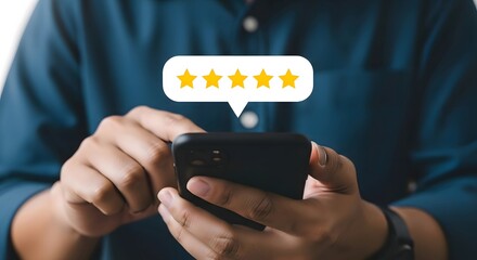 Customer feedback five star rating on mobile phone online review and user experience concept