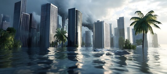 Naklejka premium Flooded cityscape with palm trees and skyscrapers under stormy skies