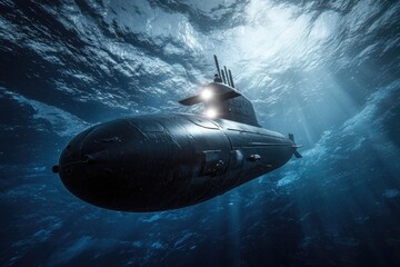 Submarine submerged in deep ocean