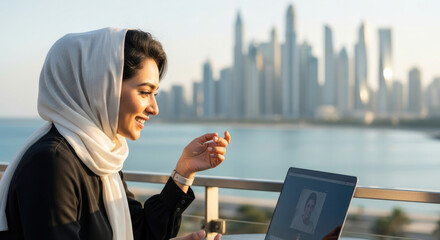 Smiling muslim woman on video call with city skyline