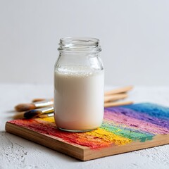 A glass jar of white liquid sits on a wooden palette with vibrant rainbow paint strokes.  Artist's tools are gently arranged in the background