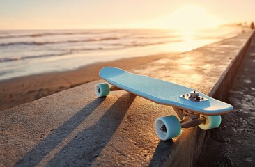 Light blue skateboard on a beach wall at sunset