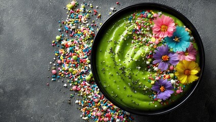 Vibrant green smoothie bowl, topped with colorful sprinkles and flowers