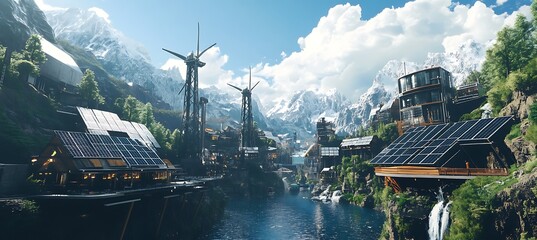 Futuristic city nestled in a valley with mountains and advanced architecture