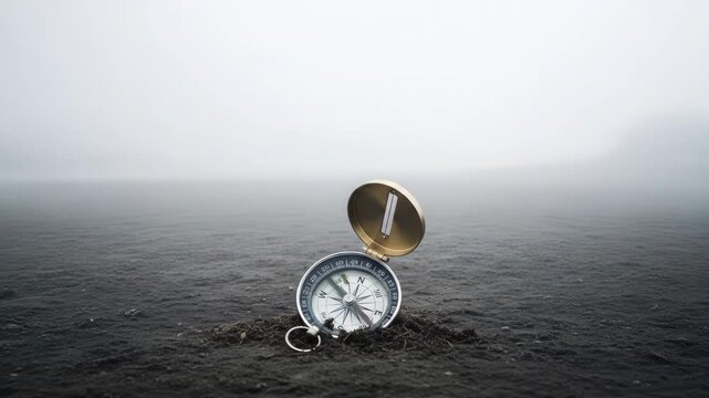 Compass points the way in foggy landscape. Direction and travel in nature concept.