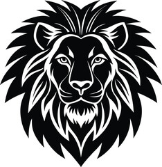 Lion Head Vector Illustration in Black and White with Detailed Mane