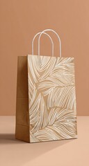 Beige paper shopping bag with a light beige leaf design