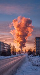 Industrial smoke plume rising above a winter city street at dawn