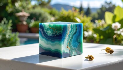 Cube of marbled blues, greens, and gold on a white surface, sunlight highlighting its patterns against a soft, natural background