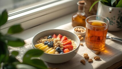 Healthy breakfast bowl with granola, fresh fruits, and tea