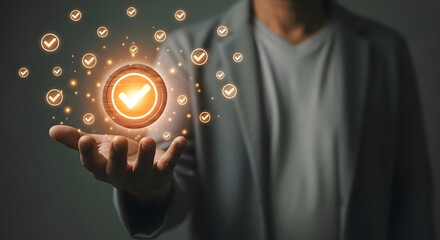 Man holding glowing checkmark coin for digital currency success and validation concept art