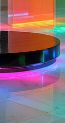 Circular, reflective platform bathed in vibrant, multicolored LED light.  Acrylic panels in various hues.  Modern, geometric design