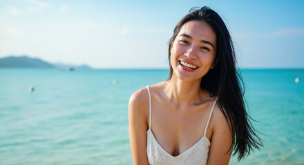Radiant Smile at the Seaside: A young woman exudes pure joy against a backdrop of sea and sky. The image captures the beauty and serenity of a perfect day.
