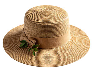 Light brown straw hat with ribbon and sprig