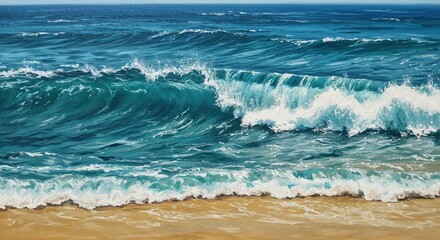 Ocean Wave Rolling to the Shore: A scenic illustration of a serene beach, portraying a seamless blend of azure water, a foamy crest of wave gracefully crashing on the golden shore.