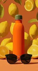 Orange water bottle, lemons, and sunglasses