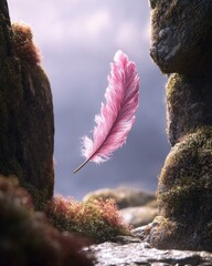 Pink feather floats between craggy rocks
