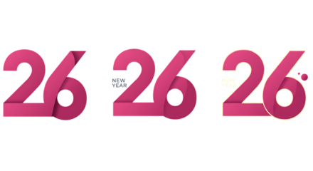 Three stylized pink number 26 designs with a subtle gradient and shadow effect on black background