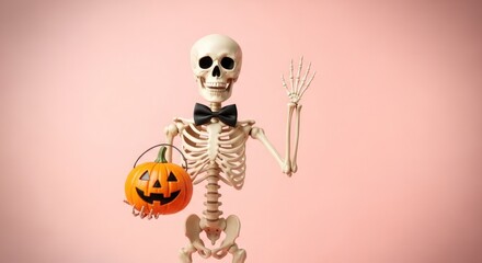 Skeleton with bow tie holding jack o lantern bucket on pink background