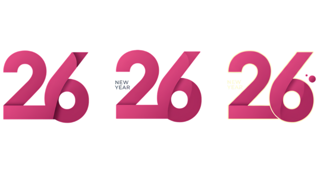 Three stylized pink number 26 designs with a subtle gradient and shadow effect on black background