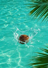 Coconut Splash in Tropical Water: A refreshing splash of a single coconut in crystal-clear turquoise water, evokes a sense of tropical relaxation and island paradise.