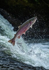 Naklejka premium Salmon in Action: A vibrant image capturing a salmon leaping dynamically through the water, showcasing its powerful form, agility, and the beauty of nature in motion.