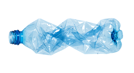 Crushed transparent plastic water bottle with blue cap isolated on a black background