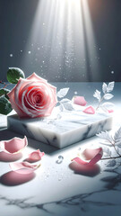 Elegant pink rose on marble with petals and light.
