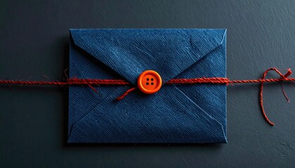 Dark blue envelope secured by a bright orange button and red twine, centered on a dark surface