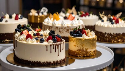 Assorted decorated cakes on display