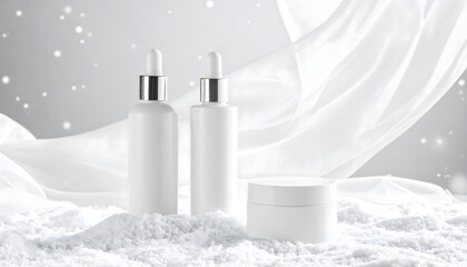 White cosmetic bottles and jar on a snowy surface with a white cloth backdrop.