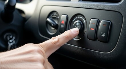 Finger Pressing Car Air Conditioning Button on a Dark Dashboard