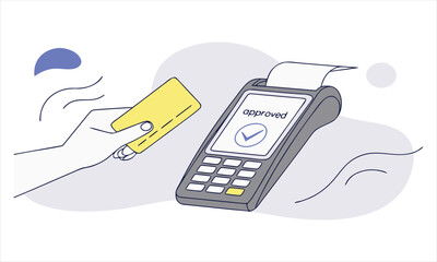 Hand holding credit card for contactless payment at a terminal with approval screen