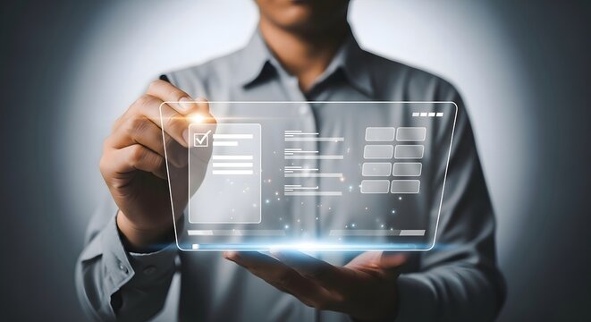 Person interacting with a digital form interface with a pen in hand and a checkmark visible