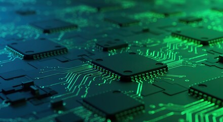 Circuit Board: A high-tech motherboard design features microchips and intricate pathways, showcasing the technological advancements of the modern digital age.