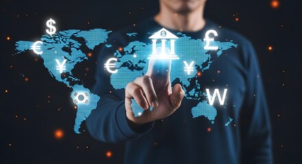 Person interacting with digital world map and currency symbols on a dark background display