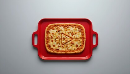Overhead shot of a pizza with a play button made of cheese on a red tray, symbolizing entertainment