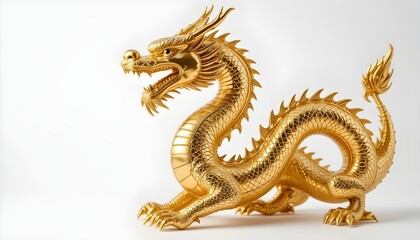 Obraz premium Elegant golden dragon statue with intricate details isolated on white background, a symbol of fortune