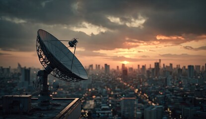 Satellite dish atop building at sunset over city