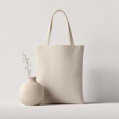 Beige canvas tote bag and vase