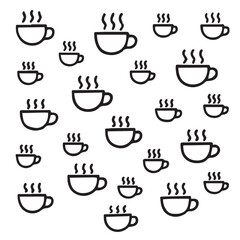 Creative background featuring coffee cup icons with black outline hot drink symbols in various sizes on white backdrop perfect for cafes restaurants menus posters and beverage projects