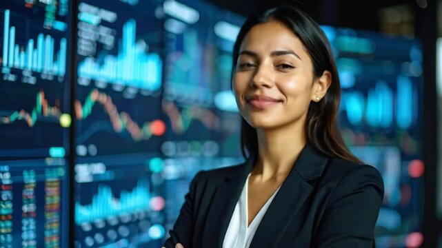 Confident woman in business suit looking at stock market data displayed on multiple screens
