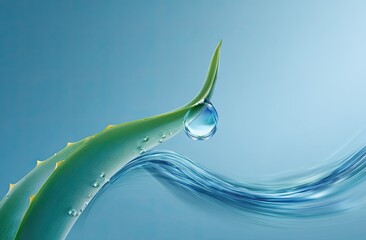 Aloe vera leaf with water droplet and wavy blue background