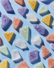Colorful triangular and square jelly candies arranged on a light blue surface