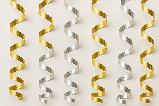 Metallic streamers curling in gold and silver