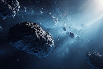 Cosmic debris field, sunlit asteroids