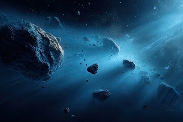 Dark space filled with asteroids and light rays