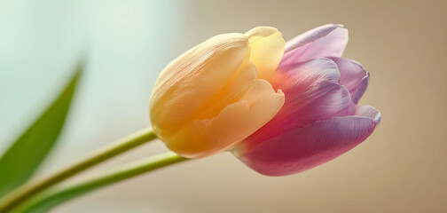 Two vibrant tulips one yellow and one purple stand tall against a soft blurred background